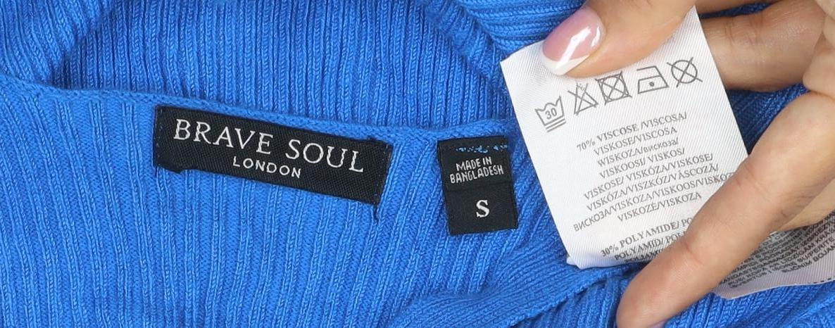 Brave Soul Women Blue Size S Rib Knit V-Neck Tie Detail Jumper
