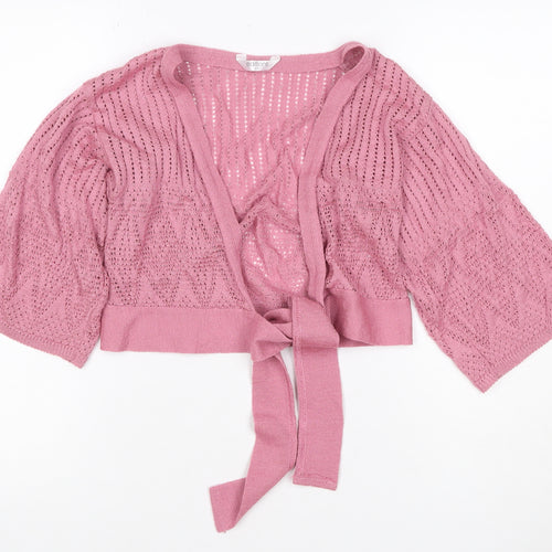 Editions Women Pink Open Knit Tie Wrap Cardigan S/M 3/4 Sleeve