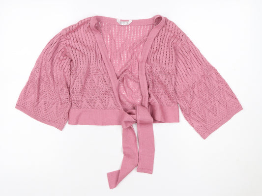 Editions Women Pink Open Knit Tie Wrap Cardigan S/M 3/4 Sleeve