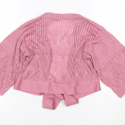 Editions Women Pink Open Knit Tie Wrap Cardigan S/M 3/4 Sleeve