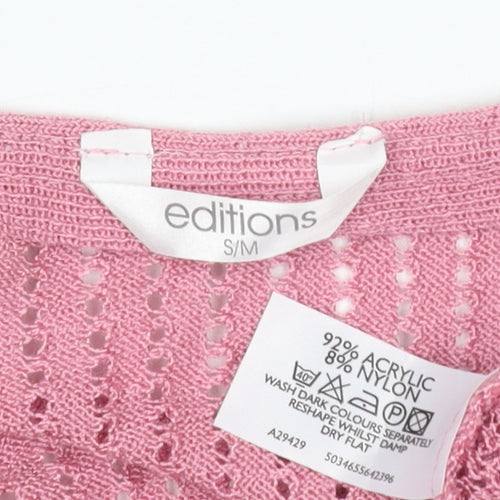 Editions Women Pink Open Knit Tie Wrap Cardigan S/M 3/4 Sleeve