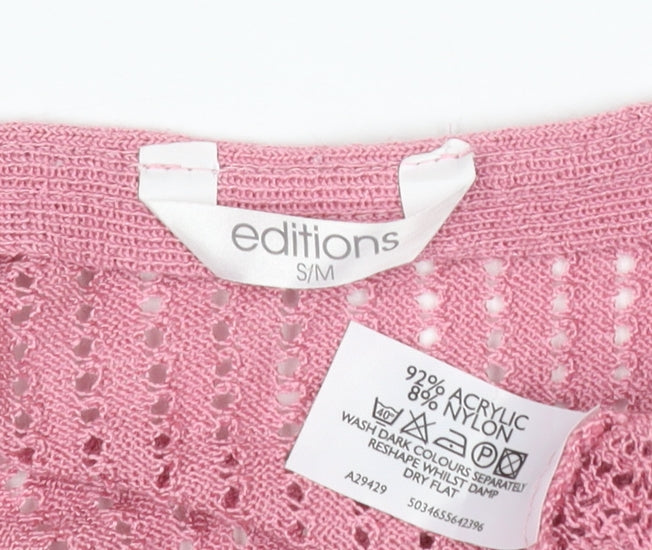 Editions Women Pink Open Knit Tie Wrap Cardigan S/M 3/4 Sleeve