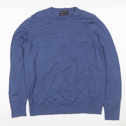 Marks and Spencer Women Blue Size 14 Merino Wool Crew Neck Jumper