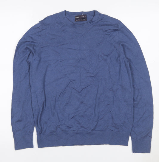 Marks and Spencer Women Blue Size 14 Merino Wool Crew Neck Jumper