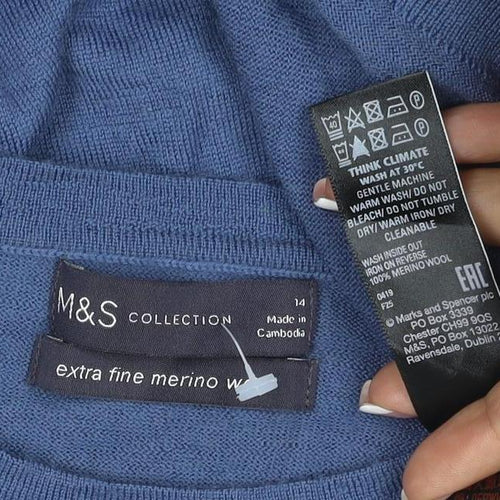 Marks and Spencer Women Blue Size 14 Merino Wool Crew Neck Jumper
