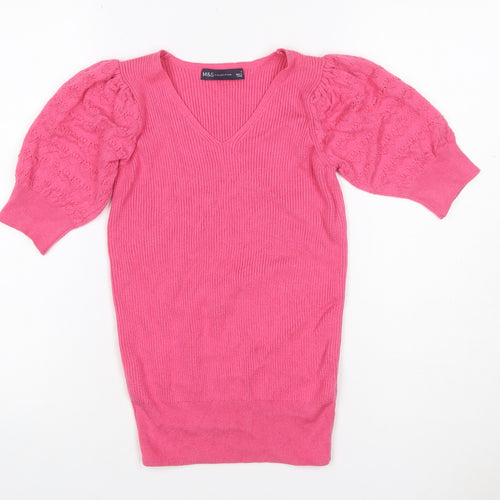 Marks and Spencer Women Pink Size 6 V-Neck Rib Knit Puff Sleeve Jumper