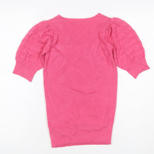 Marks and Spencer Women Pink Size 6 V-Neck Rib Knit Puff Sleeve Jumper