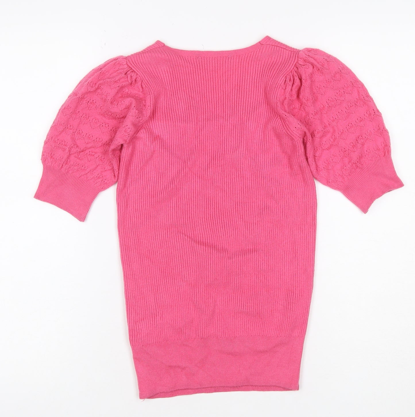 Marks and Spencer Women Pink Size 6 V-Neck Rib Knit Puff Sleeve Jumper
