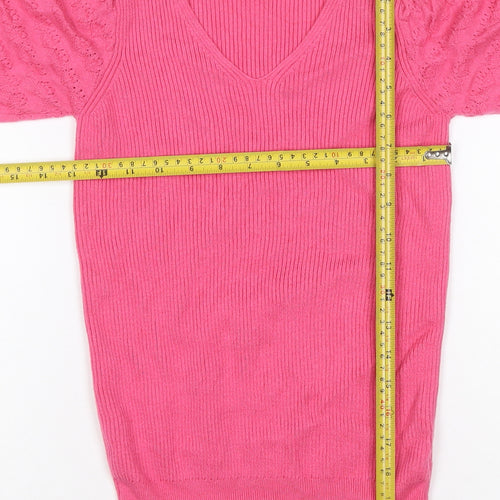 Marks and Spencer Women Pink Size 6 V-Neck Rib Knit Puff Sleeve Jumper