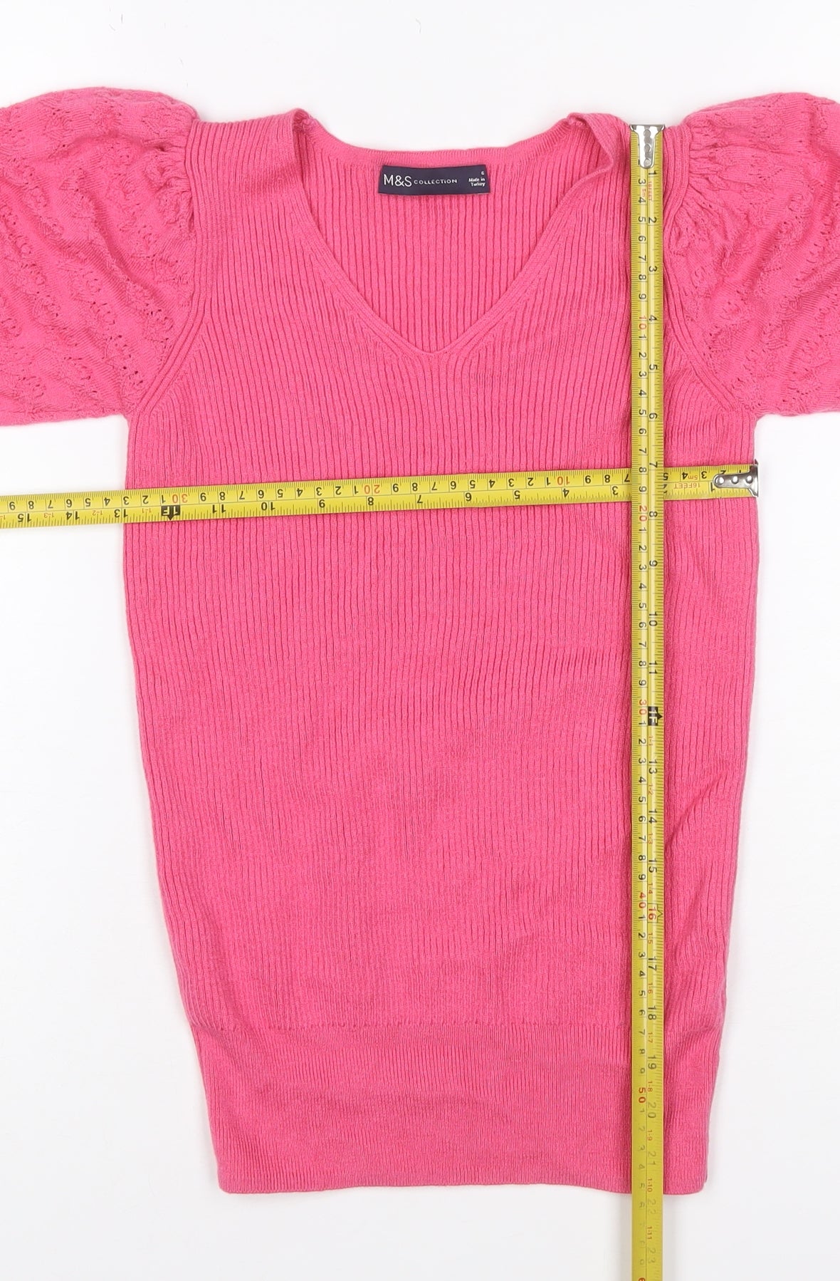 Marks and Spencer Women Pink Size 6 V-Neck Rib Knit Puff Sleeve Jumper