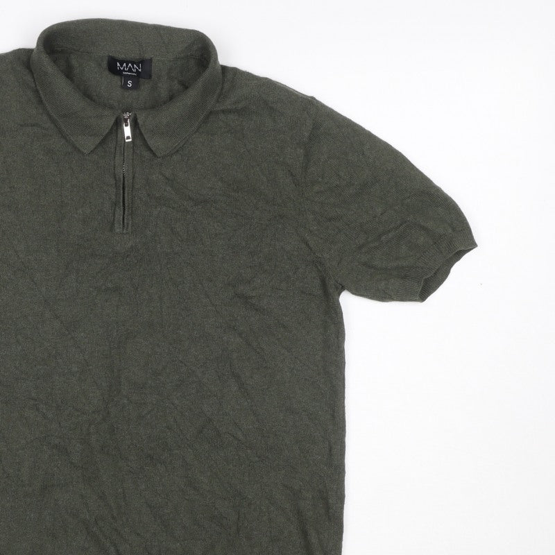 boohooMAN Men’s Green Size S Knit 1/4 Zip Short Sleeve Polo
