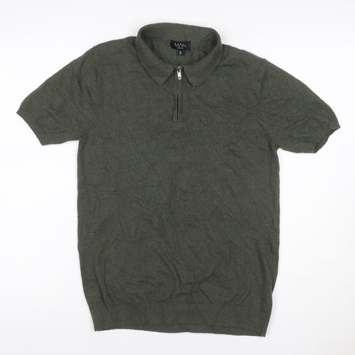 boohooMAN Men’s Green Size S Knit 1/4 Zip Short Sleeve Polo