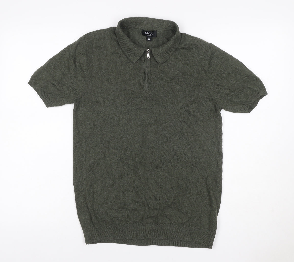 boohooMAN Men’s Green Size S Knit 1/4 Zip Short Sleeve Polo