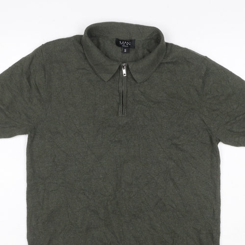 boohooMAN Men’s Green Size S Knit 1/4 Zip Short Sleeve Polo