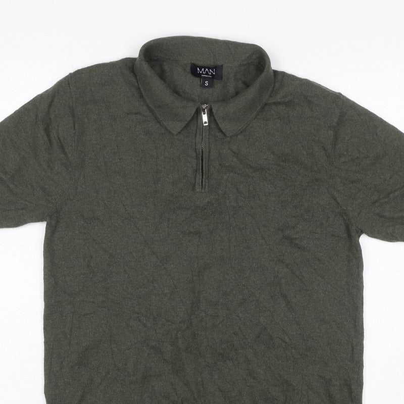 boohooMAN Men’s Green Size S Knit 1/4 Zip Short Sleeve Polo