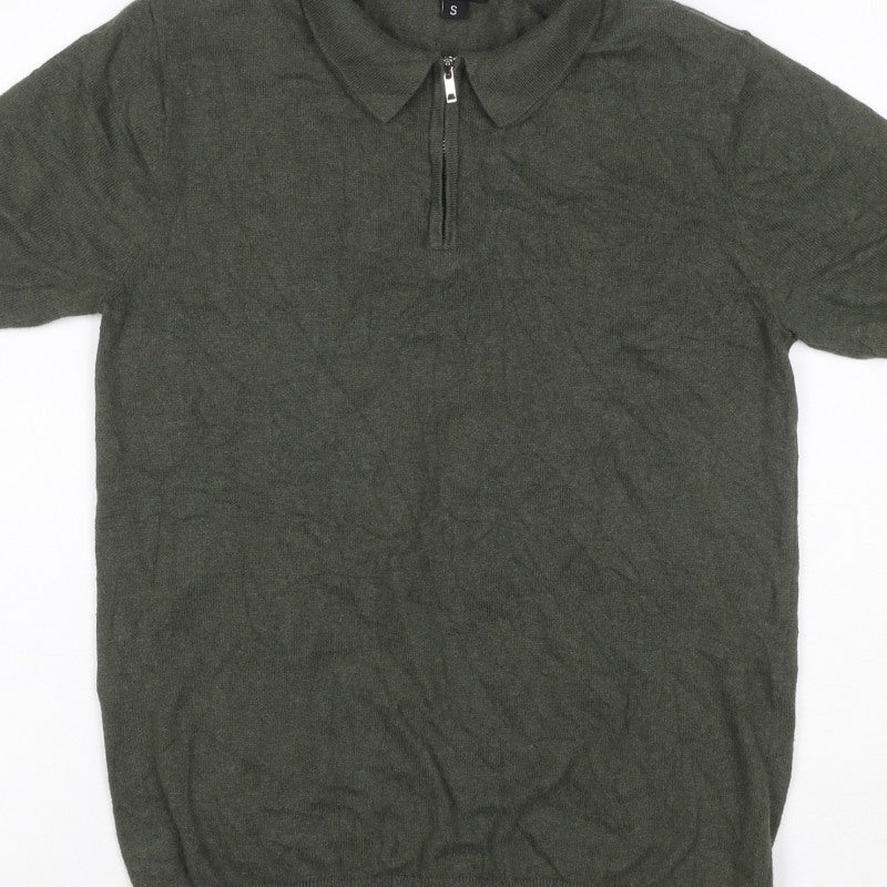 boohooMAN Men’s Green Size S Knit 1/4 Zip Short Sleeve Polo