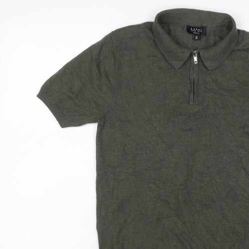boohooMAN Men’s Green Size S Knit 1/4 Zip Short Sleeve Polo