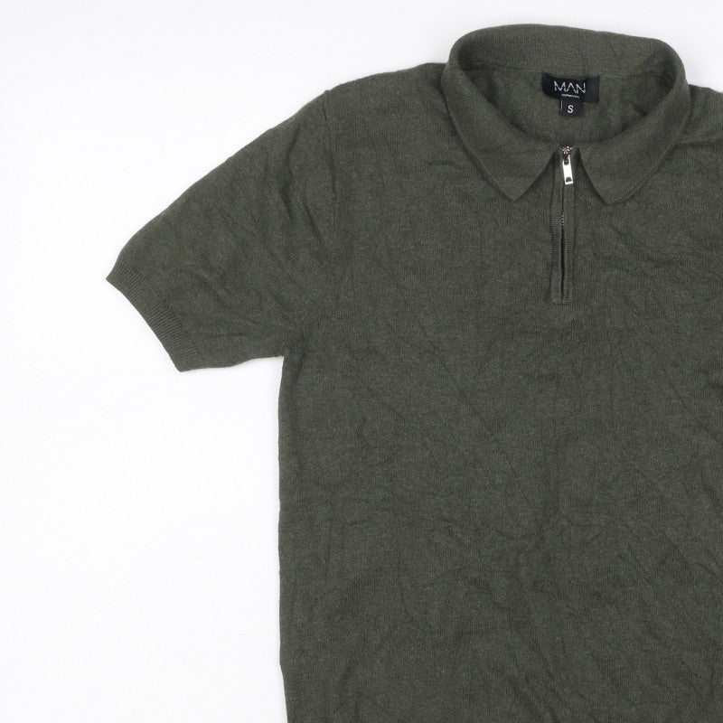 boohooMAN Men’s Green Size S Knit 1/4 Zip Short Sleeve Polo