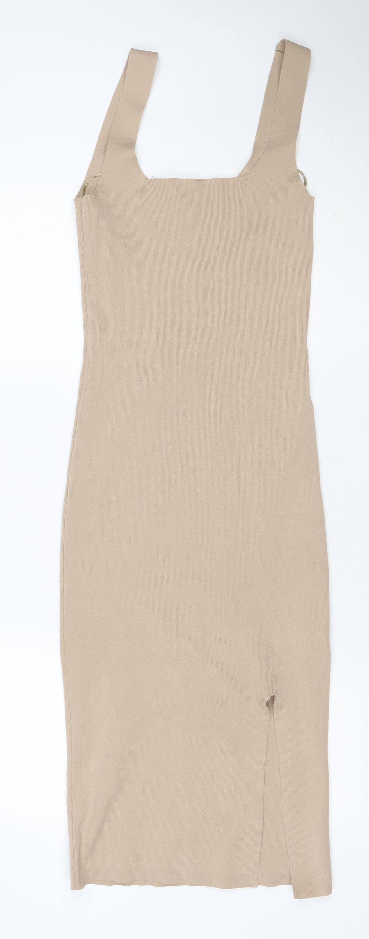 Pimkie Women Beige M Rib Knit Bodycon Midi Strappy Sleeveless Dress