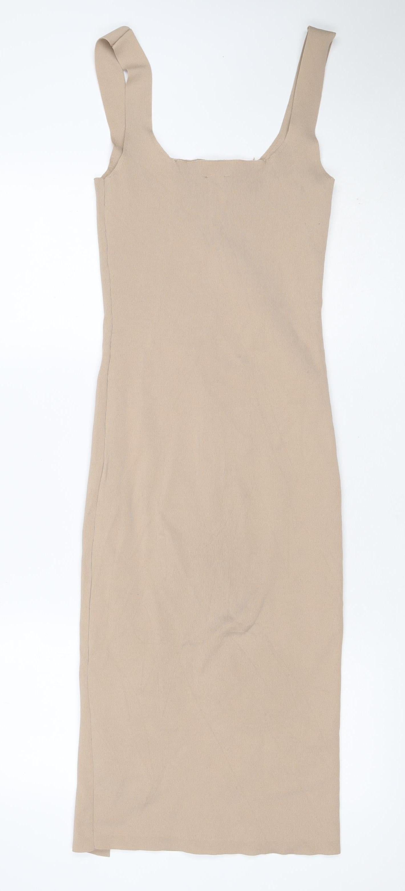 Pimkie Women Beige M Rib Knit Bodycon Midi Strappy Sleeveless Dress