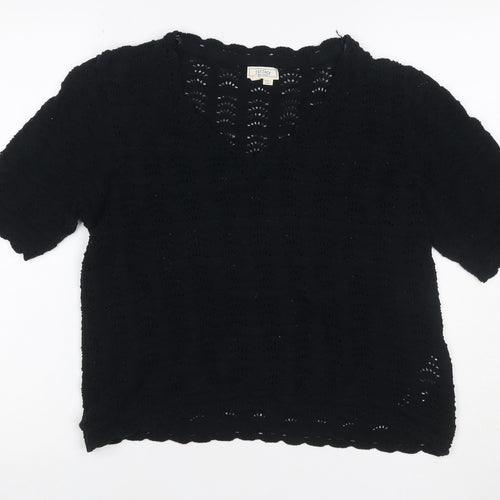 Fat Face Women’s Black UK 14 Cotton Open Knit Short Sleeve Cardigan