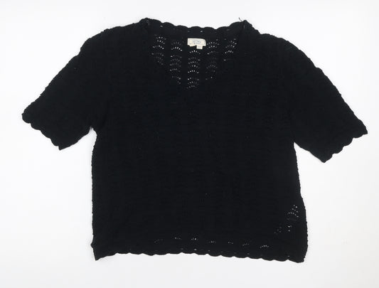 Fat Face Women’s Black UK 14 Cotton Open Knit Short Sleeve Cardigan