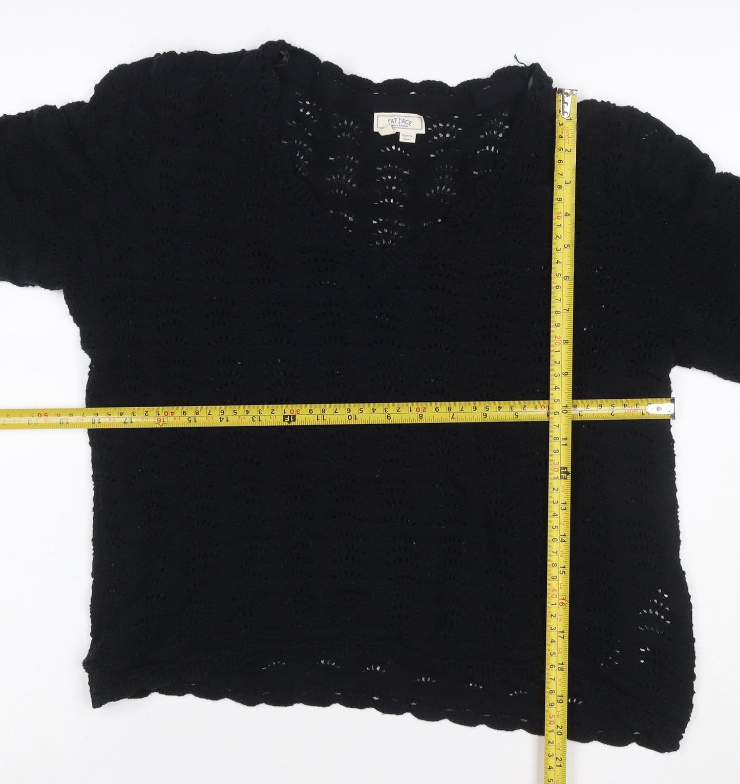 Fat Face Women’s Black UK 14 Cotton Open Knit Short Sleeve Cardigan
