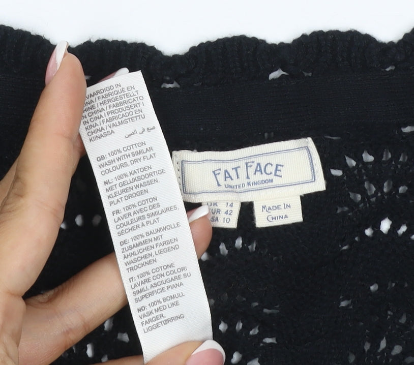 Fat Face Women’s Black UK 14 Cotton Open Knit Short Sleeve Cardigan