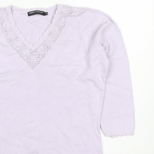 Debbie Morgan Women Purple M V-Neck Crochet Knit Jumper 3/4 Sleeve