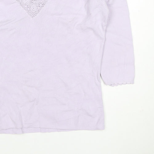 Debbie Morgan Women Purple M V-Neck Crochet Knit Jumper 3/4 Sleeve