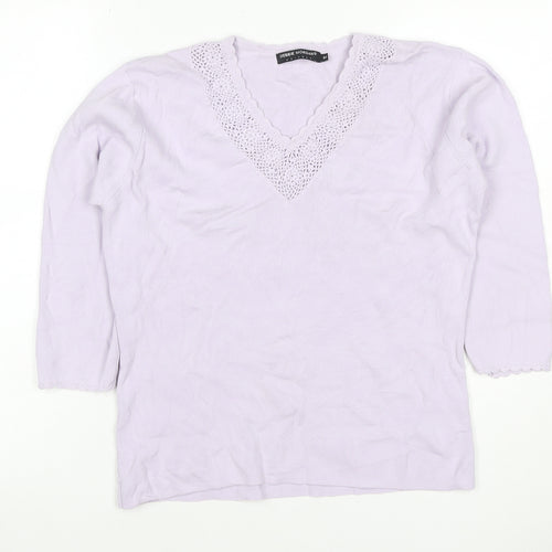 Debbie Morgan Women Purple M V-Neck Crochet Knit Jumper 3/4 Sleeve