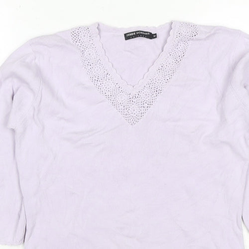 Debbie Morgan Women Purple M V-Neck Crochet Knit Jumper 3/4 Sleeve
