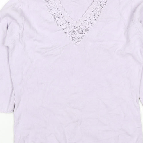 Debbie Morgan Women Purple M V-Neck Crochet Knit Jumper 3/4 Sleeve