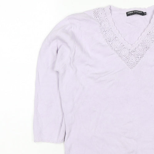 Debbie Morgan Women Purple M V-Neck Crochet Knit Jumper 3/4 Sleeve