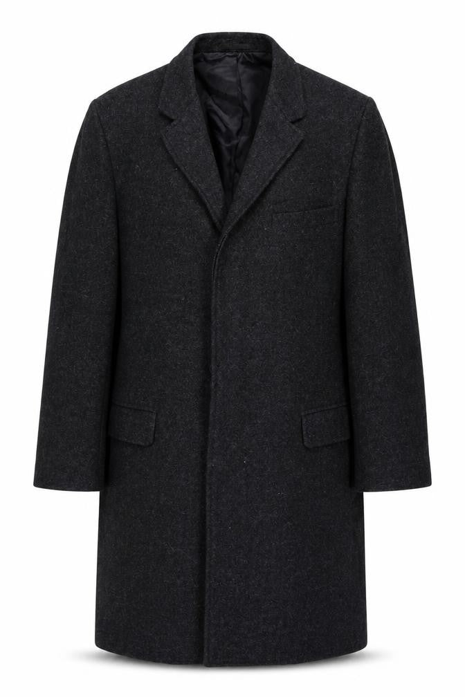 Front view of Imported Tailor Scott Thomas Men’s 42 Chest Grey Long Herringbone Overcoat