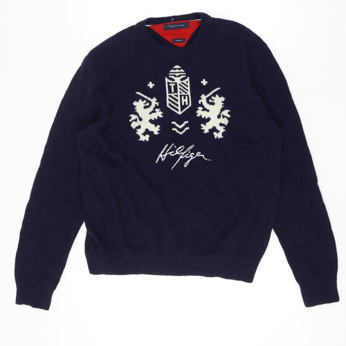 Tommy Hilfiger Men's XL Blue Lambswool Crew Neck Graphic Logo Jumper