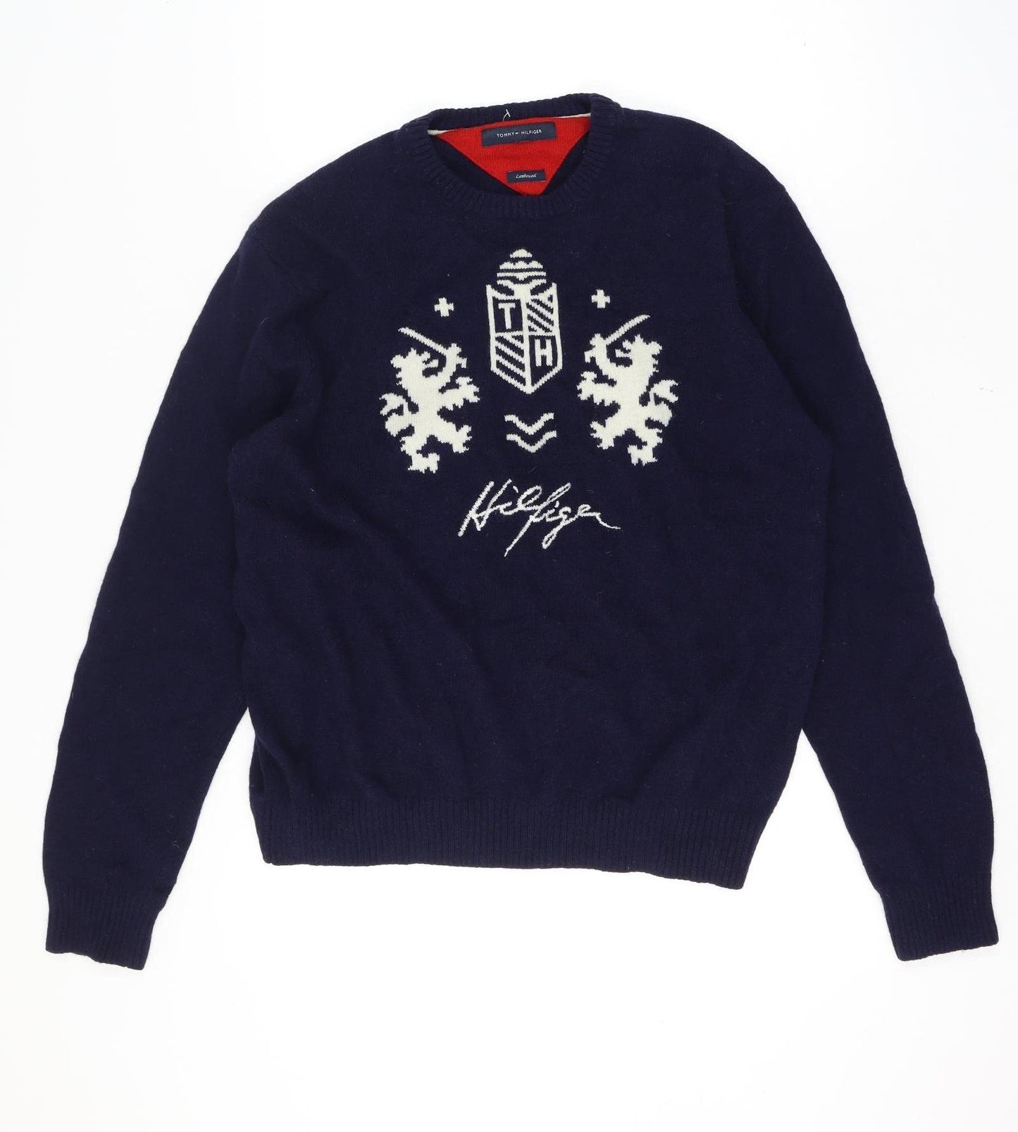 Tommy Hilfiger Men's XL Blue Lambswool Crew Neck Graphic Logo Jumper