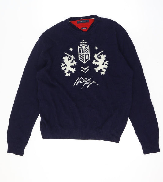 Tommy Hilfiger Men's XL Blue Lambswool Crew Neck Graphic Logo Jumper