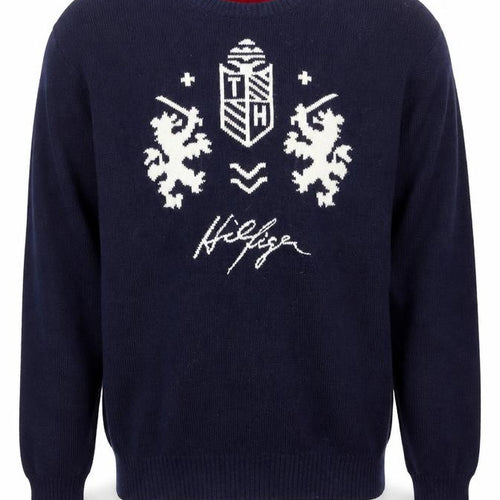 Tommy Hilfiger Men's XL Blue Lambswool Crew Neck Graphic Logo Jumper