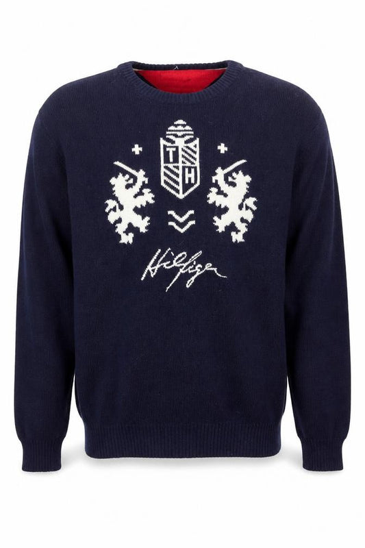 Tommy Hilfiger Men's XL Blue Lambswool Crew Neck Graphic Logo Jumper