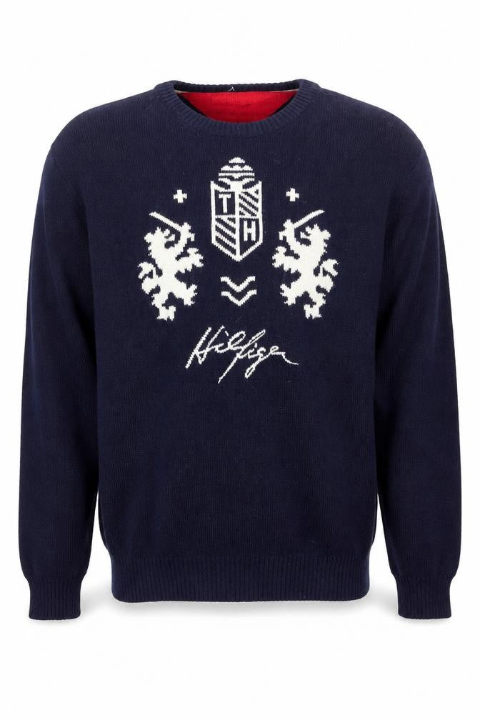Tommy Hilfiger Men's XL Blue Lambswool Crew Neck Graphic Logo Jumper