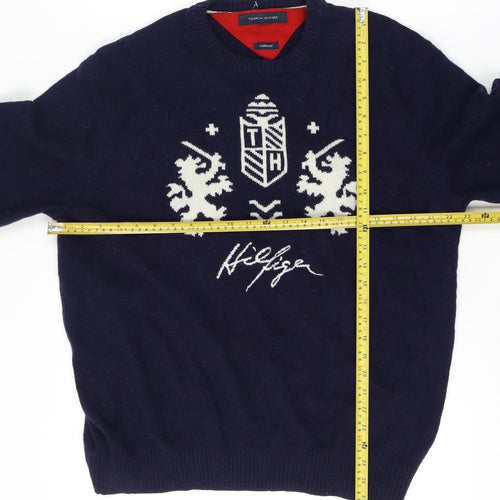 Tommy Hilfiger Men's XL Blue Lambswool Crew Neck Graphic Logo Jumper