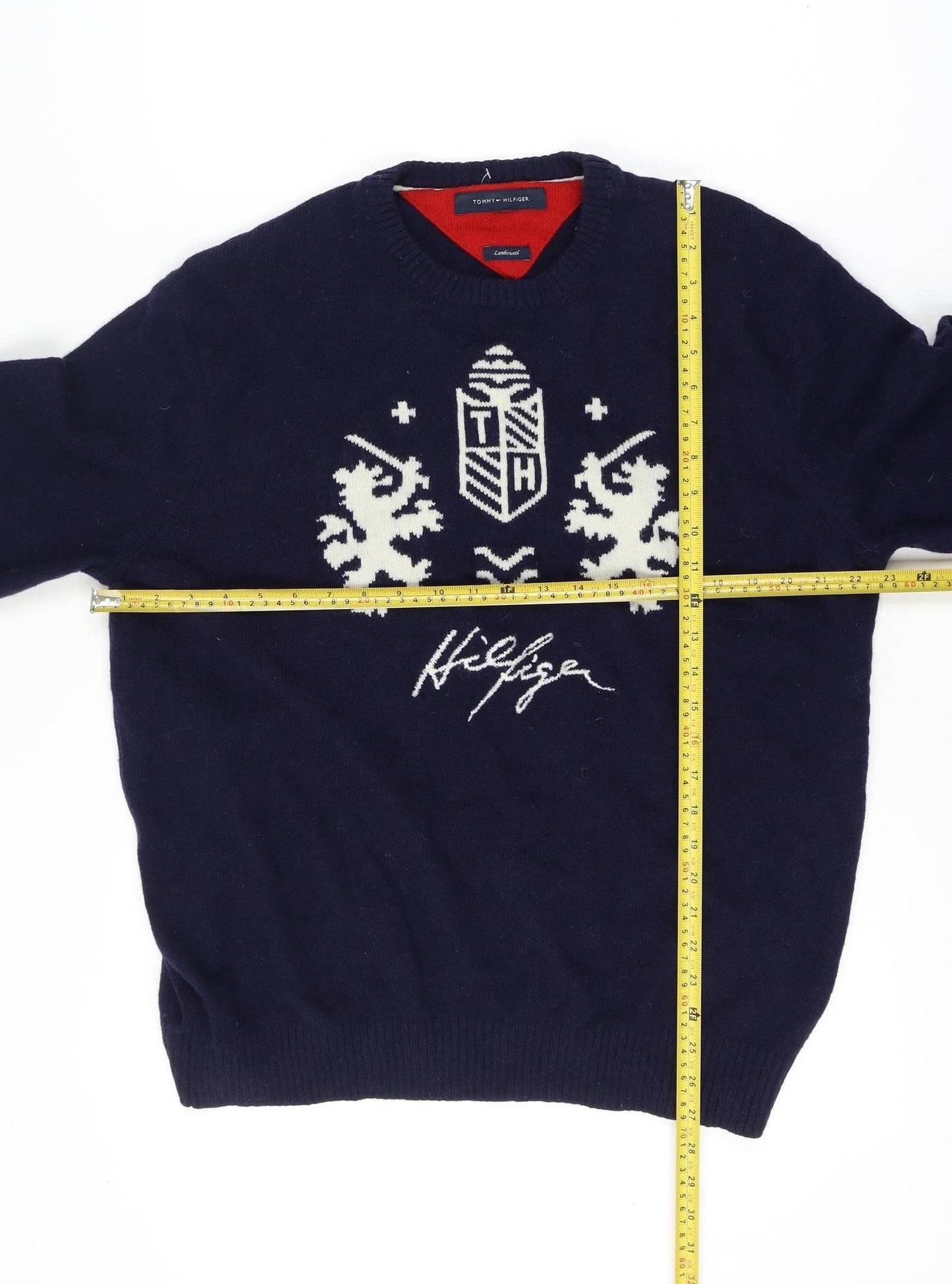 Tommy Hilfiger Men's XL Blue Lambswool Crew Neck Graphic Logo Jumper