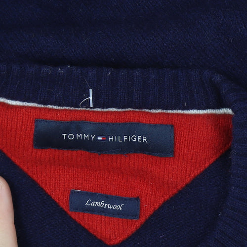 Tommy Hilfiger Men's XL Blue Lambswool Crew Neck Graphic Logo Jumper