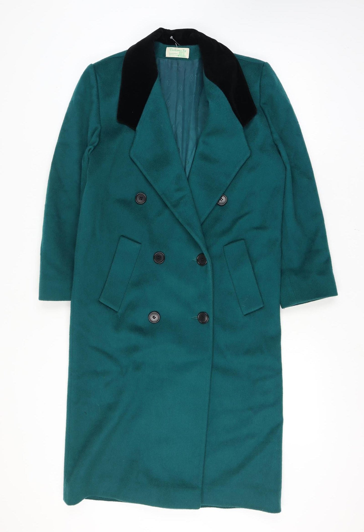 Fashions By Jill Women Size 14 Green Wool Velvet Collar Long Overcoat Size Unlabelled