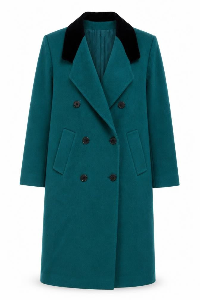 Fashions By Jill Women Size 14 Green Wool Velvet Collar Long Overcoat Size Unlabelled