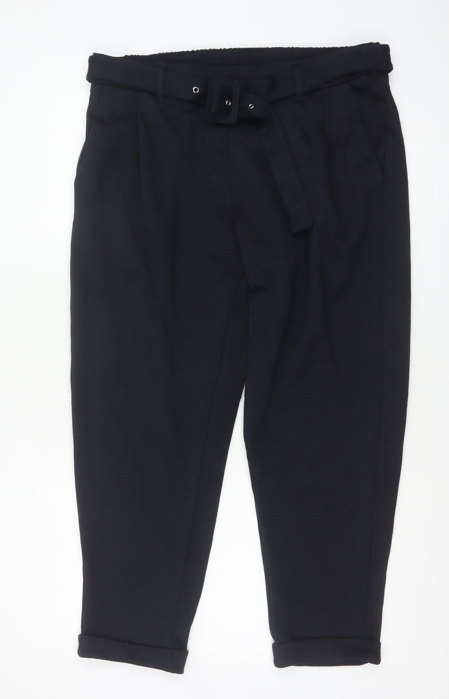 M&S Women Navy UK 16 Short Belted Tapered Pleated Trousers