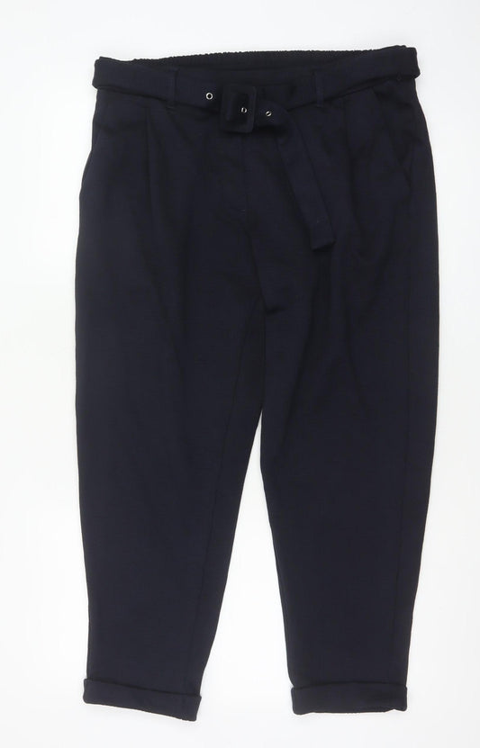 M&S Women Navy UK 16 Short Belted Tapered Pleated Trousers