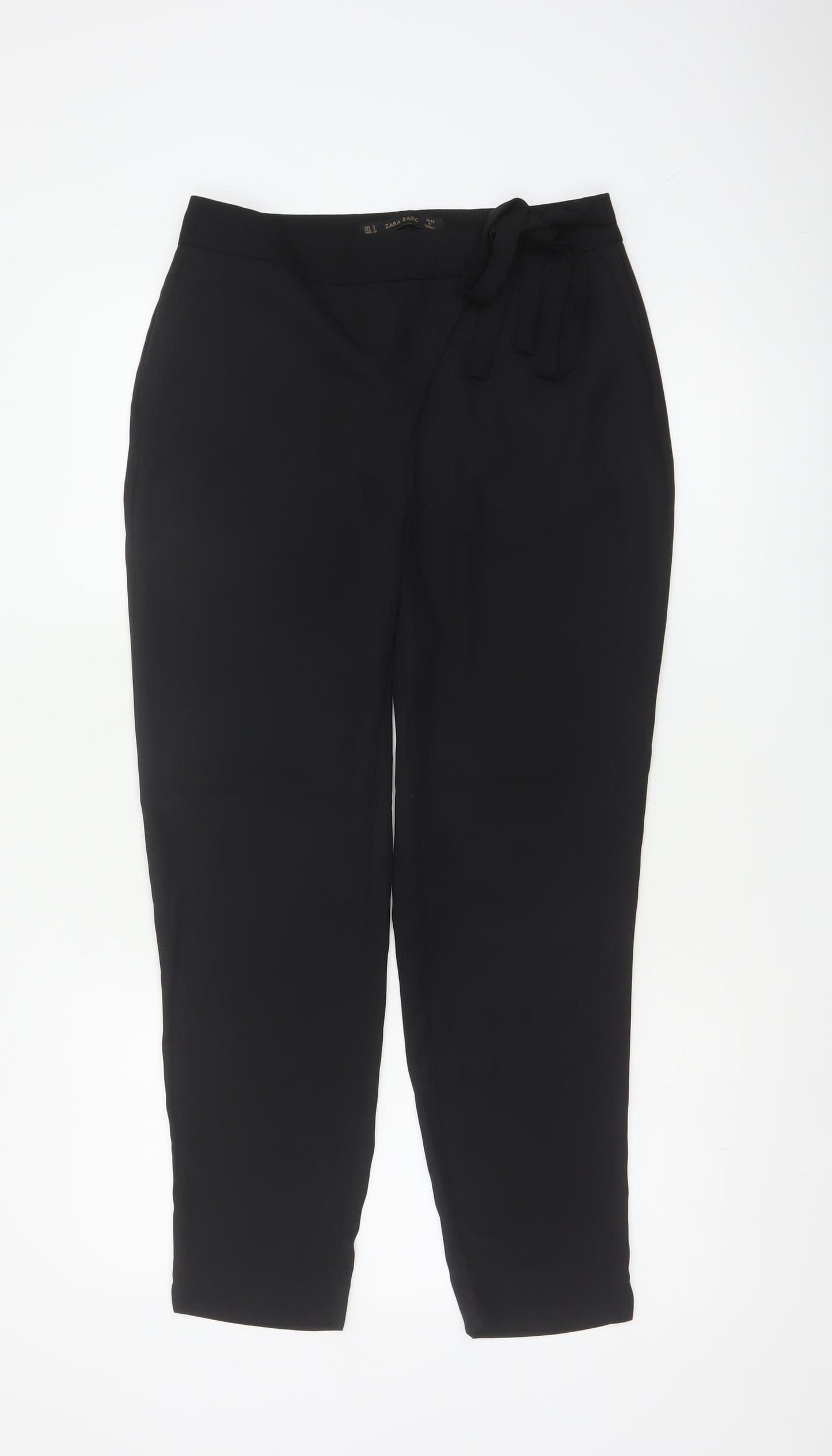 Zara Basic Women Black S High Rise Tapered Tie Belt Trousers