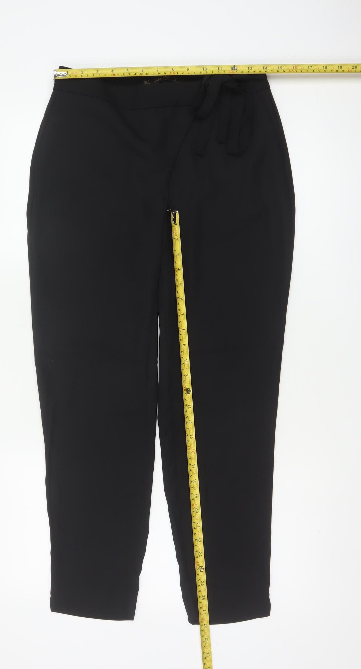 Zara Basic Women Black S High Rise Tapered Tie Belt Trousers
